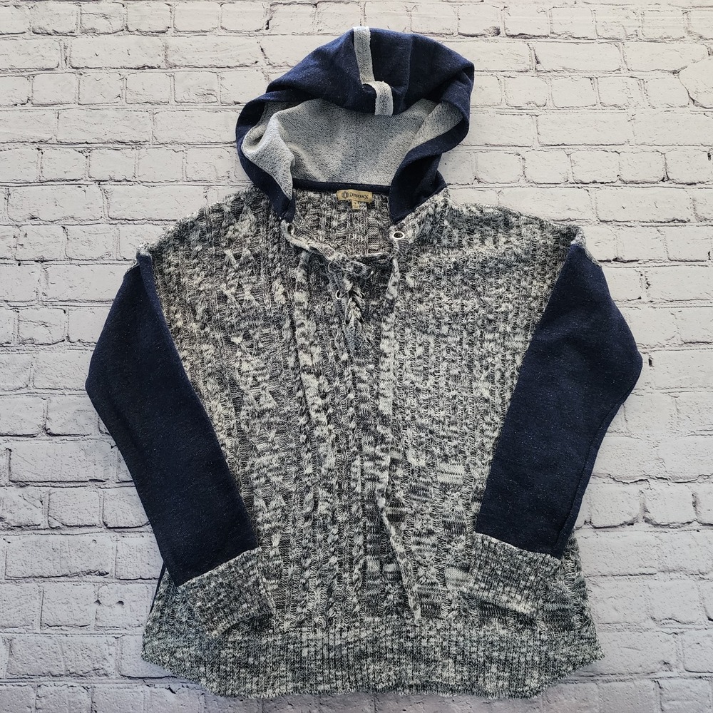Democracy Womens Gray Colorblock Cable Knit Lace Up Neck Hooded Sweatshirt Med